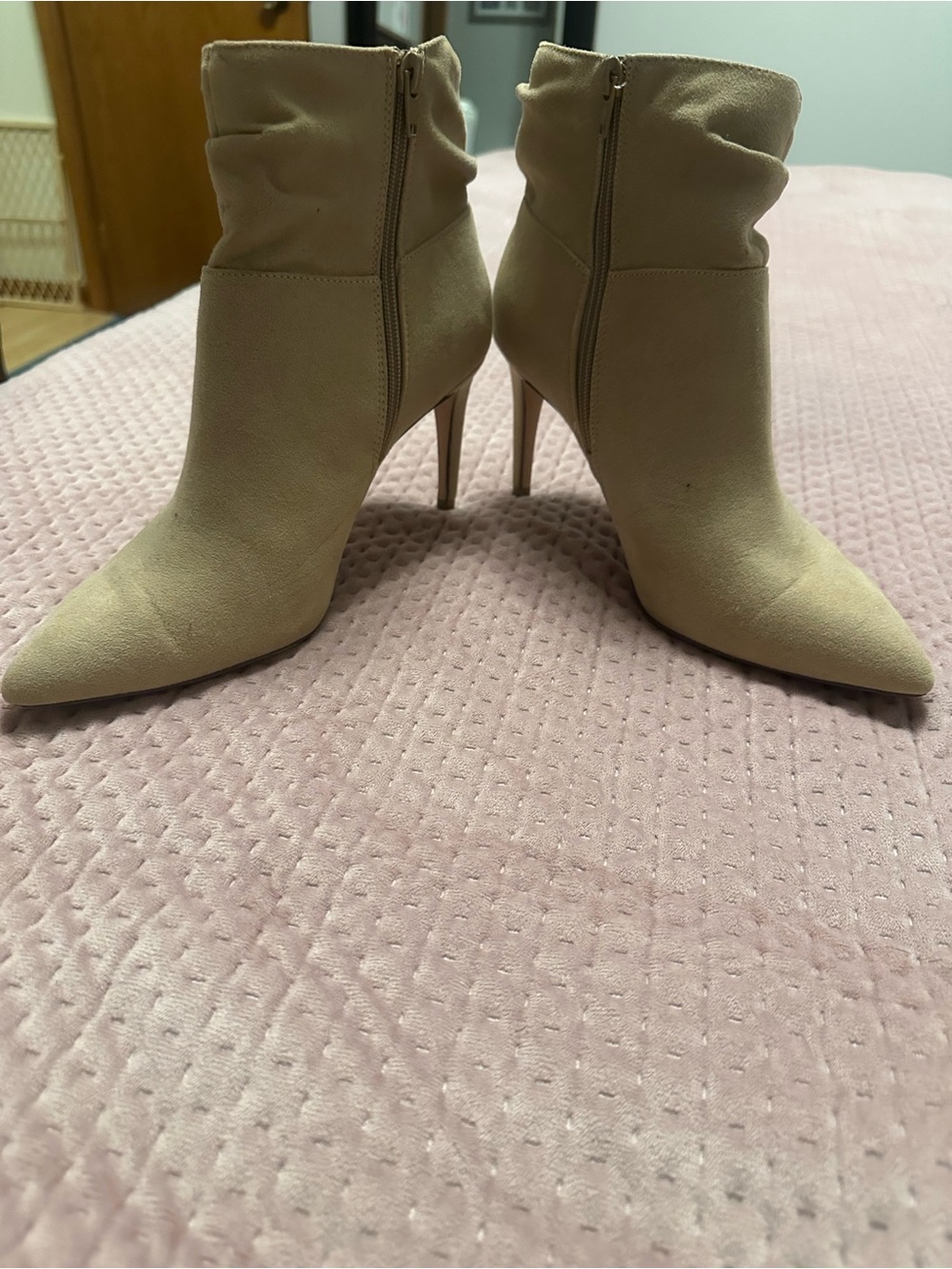 XOXO Taupe Pointed-Toe Stiletto Ankle Boots